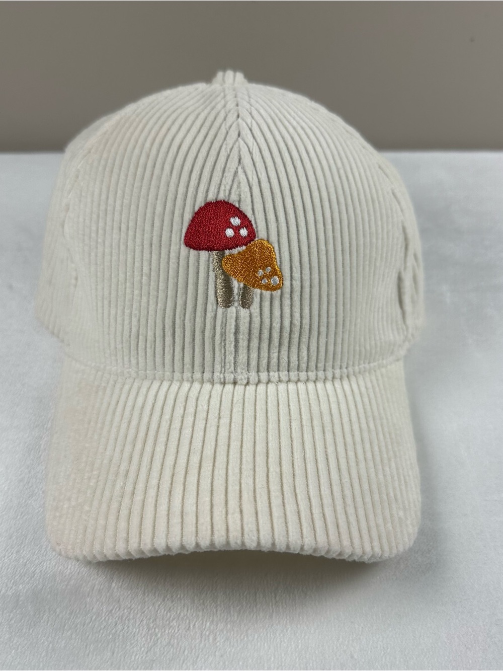 Cream Corduroy Baseball Cap with Embroidered Red & Mustard Mushrooms